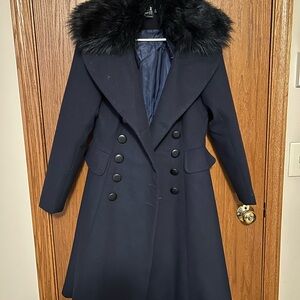 Hell Bunny Navy Coat with Black Faux Fur Collar